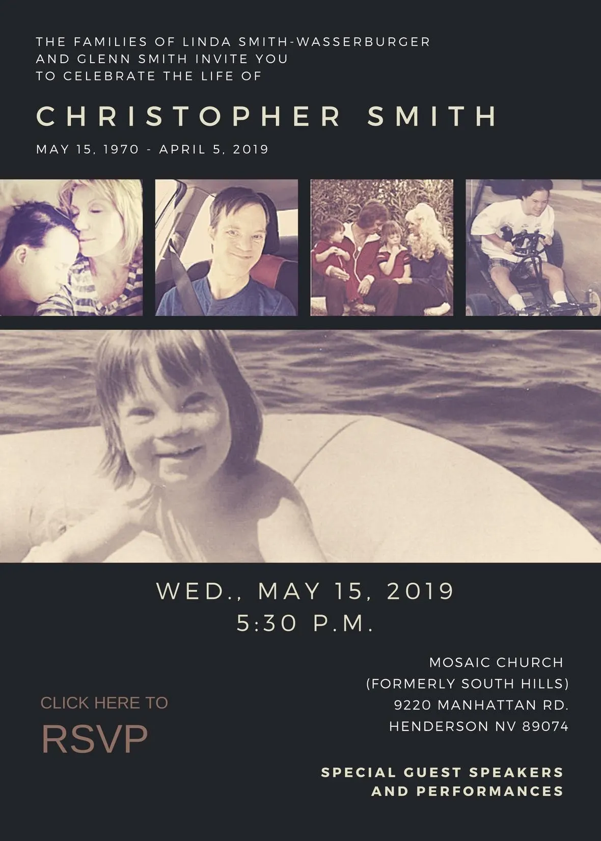 A collage of photos celebrating Christopher Smith's life, featuring moments with family and friends. Linda Smith, a motivational speaker and disability advocate, invites guests to a memorial event on May 15, 2019, at Mosaic Church.| Linda’s Life – Linda Smith