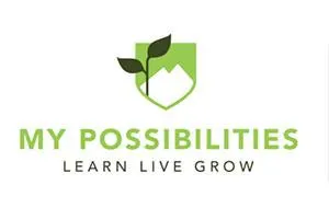 Green logo with a leaf and shield design above the words "MY POSSIBILITIES LEARN LIVE GROW" in green text. This image is related to Down syndrome awareness and nonprofit leadership, reflecting Linda Smith's advocacy efforts.| Linda’s Life – Linda Smith