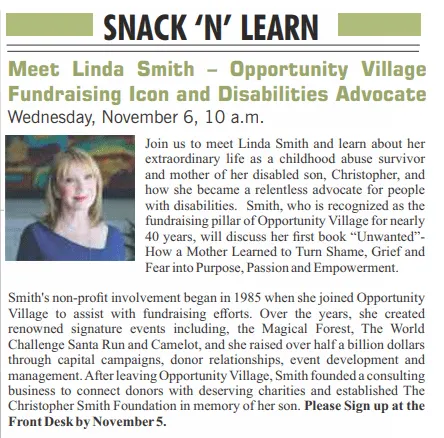 Linda Smith, a motivational speaker and disability advocate, is pictured smiling in a colorful setting, promoting her talk on nonprofit fundraising and advocacy for disabilities.…| Linda’s Life – Linda Smith