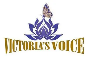 A butterfly perches on a stylized purple lotus above the text "Victoria's Voice" in gold lettering, symbolizing transformation and advocacy, reflecting themes of motivational speaking and philanthropy by Linda Smith.| Linda’s Life – Linda Smith