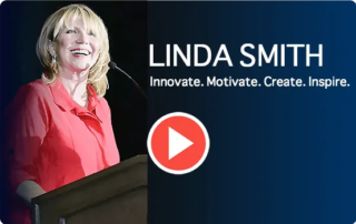 Linda Smith, a motivational speaker and disability advocate, stands at a podium smiling in a red blouse. Text beside her reads, "Innovate. Motivate. Create. Inspire." A play button icon is visible, suggesting a video.| Linda’s Life – Linda Smith