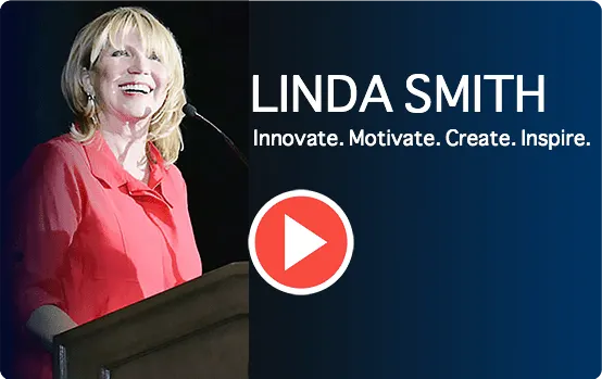 Linda Smith, a motivational speaker and disability advocate, stands at a podium smiling in a red blouse. Text beside her reads, "Innovate. Motivate. Create. Inspire." A play button icon is visible, suggesting a video.| Linda’s Life – Linda Smith
