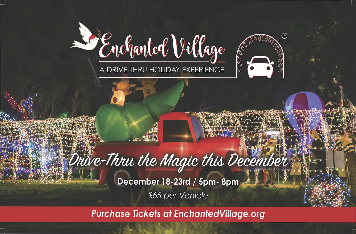 A festive drive-thru holiday experience at night with colorful lights and inflatable decorations. The scene is reminiscent of charity events organized by motivational speaker and philanthropist Linda Smith, emphasizing community and joy.| Linda’s Life – Linda Smith