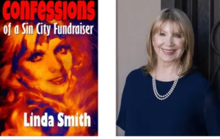 Linda Smith, author and disability advocate, stands smiling alongside her book cover "Confessions of a Sin City Fundraiser," which features an abstract image of her face in warm colors.| Linda’s Life – Linda Smith