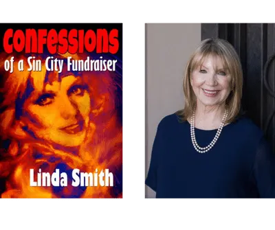 Linda Smith, author and disability advocate, stands smiling alongside her book cover "Confessions of a Sin City Fundraiser," which features an abstract image of her face in warm colors.| Linda’s Life – Linda Smith