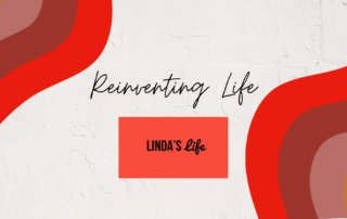 Abstract design features bold red and brown shapes on a textured white background with the text "Reinventing Life" and "Linda's Life," reflecting themes of motivational speaking and inspirational storytelling by Linda Smith.| Linda’s Life – Linda Smith