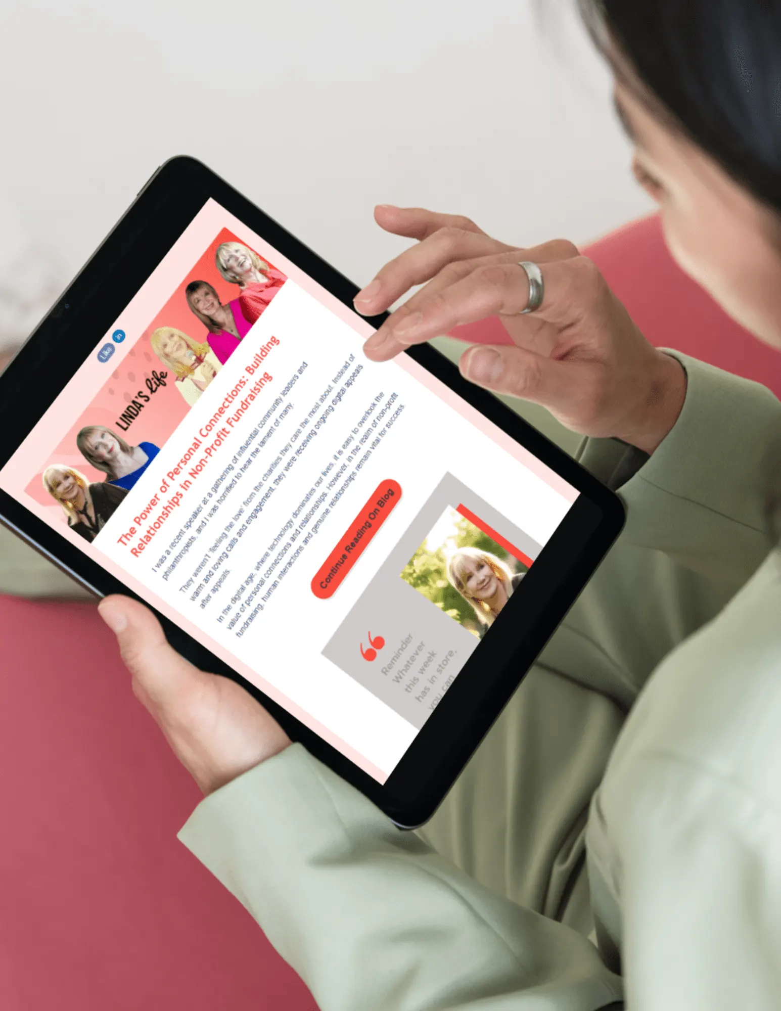 A person holds a tablet displaying a webpage about Linda Smith, a motivational speaker and nonprofit fundraising expert. The page features images and text discussing her advocacy work and inspirational storytelling.| Linda’s Life – Linda Smith