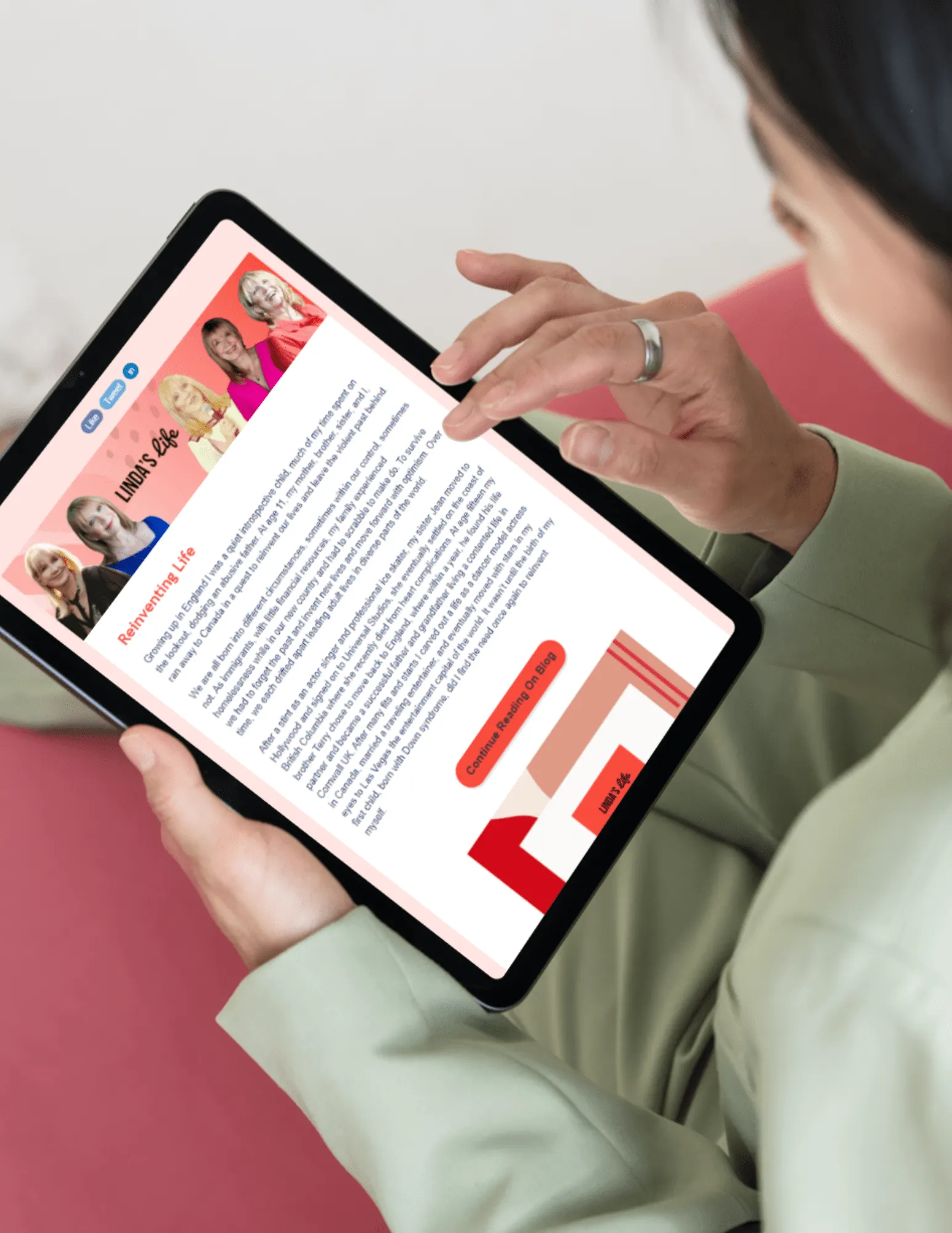 A person holds a tablet displaying Linda's Life website, featuring a blog post by motivational speaker Linda Smith, highlighting her advocacy and nonprofit fundraising efforts.| Linda’s Life – Linda Smith