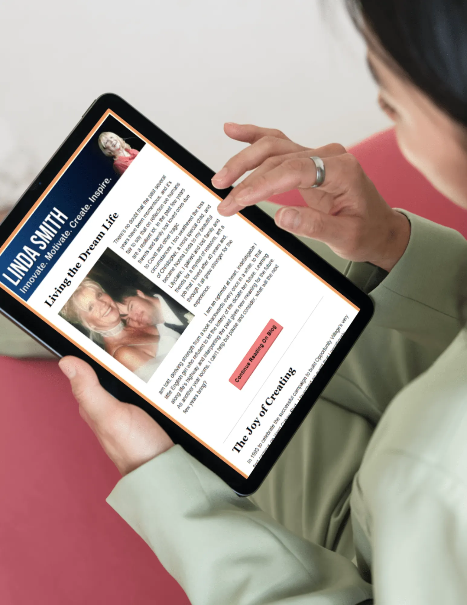 A person reads an article about Linda Smith, a motivational speaker and disability advocate, on a tablet. The screen displays text and a photo of Linda smiling with a young man, highlighting her inspirational storytelling and advocacy work.| Linda’s Life – Linda Smith
